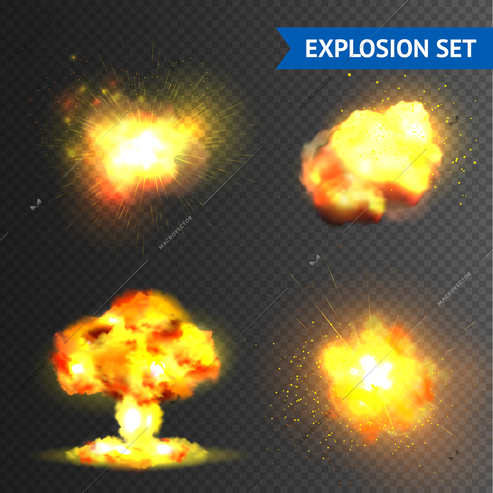 Realistic bomb or fireworks explosions set isolated on transparent background vector illustration