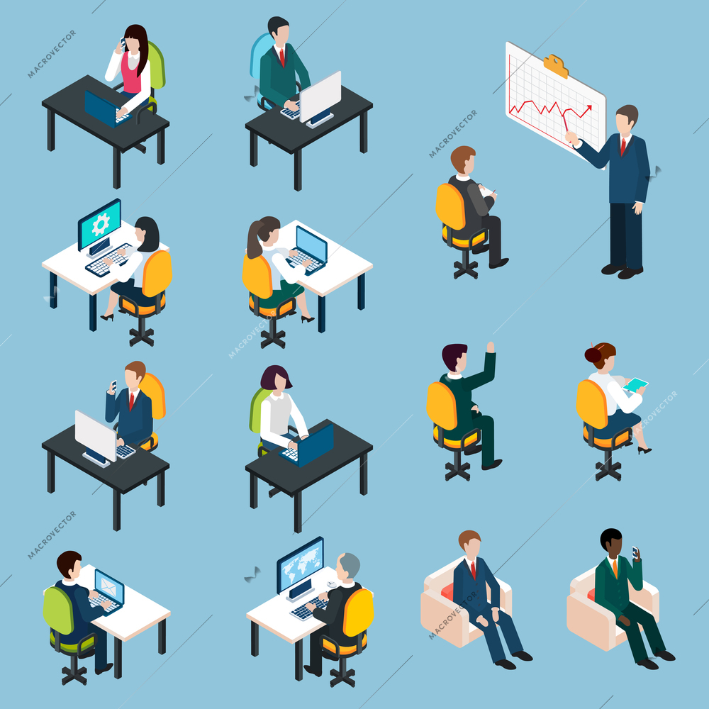 Business team members at work analyzing sharing presenting and collaborating  isometric pictograms set abstract isolated vector illustration