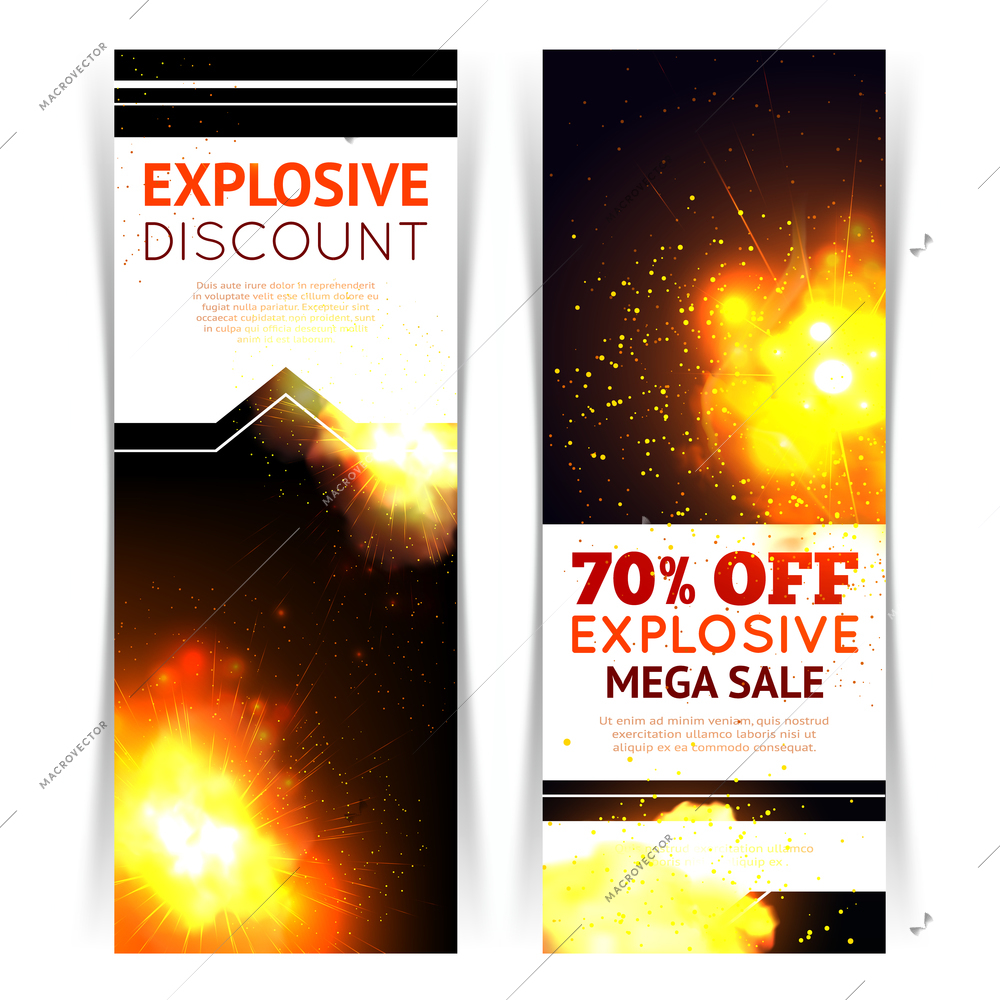 Sale vertical banner set with realistic fire explosion images isolated vector illustration