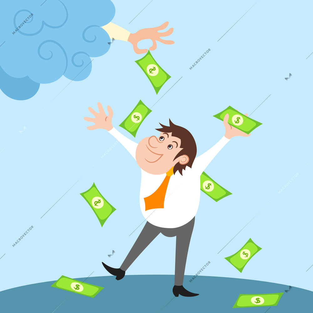 Happy businessman character standing under money rain after financial success vector illustration