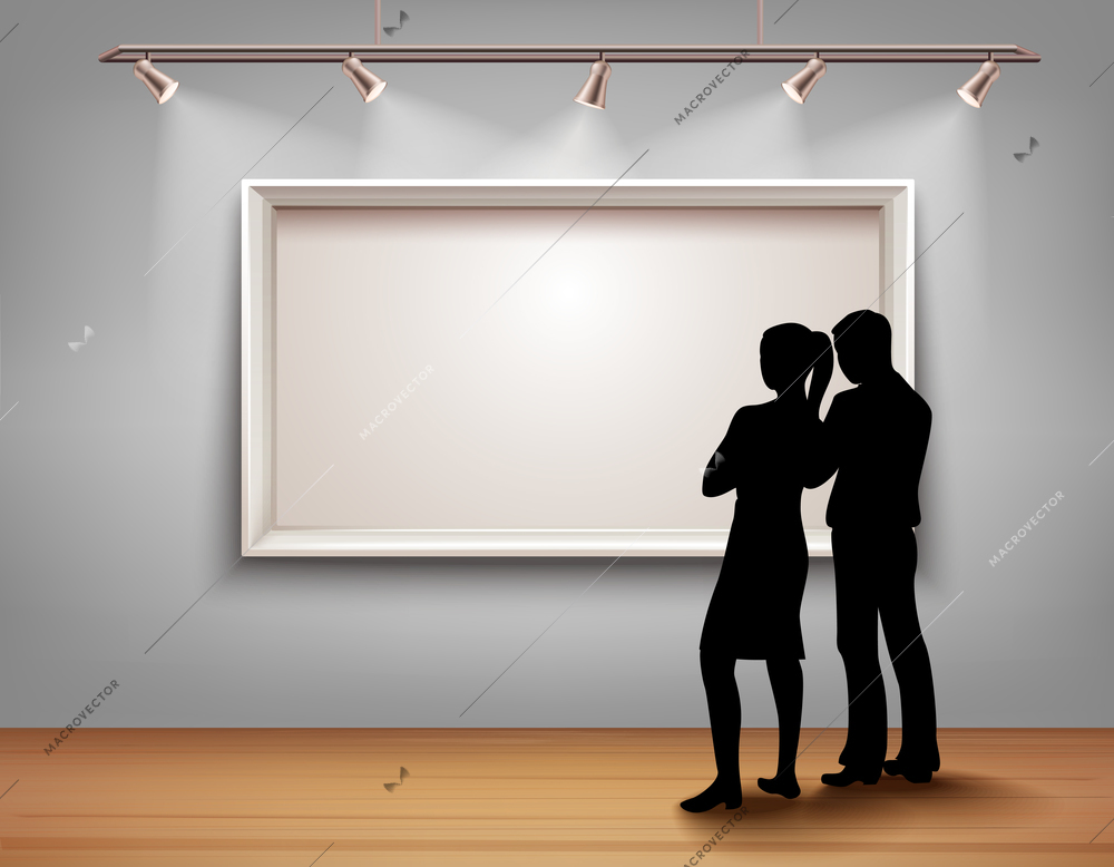 Standing people silhouettes in front of picture frame in art gallery interior vector illustration