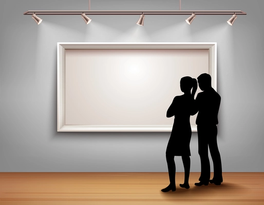 Standing people silhouettes in front of picture frame in art gallery interior vector illustration