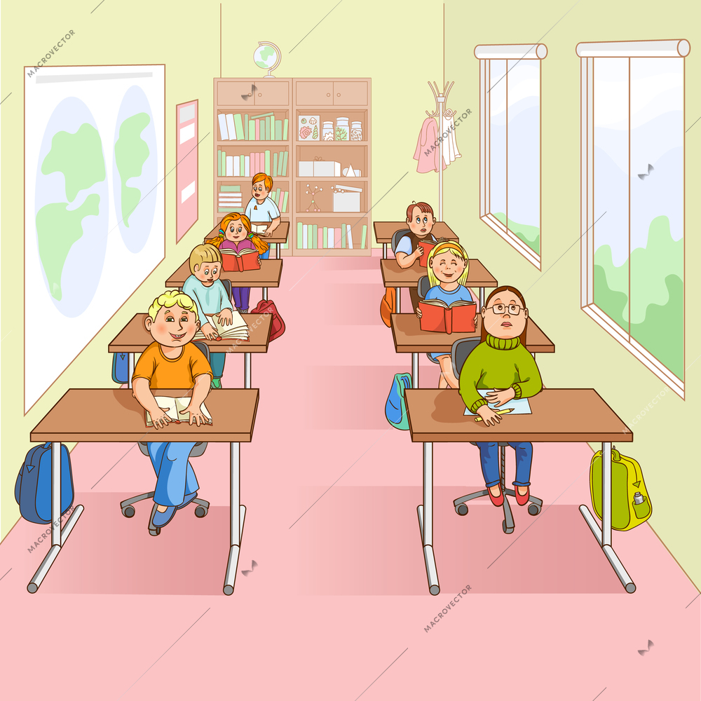Children at their desks in classroom at school with copybooks and tutorials cartoon color paint vector illustration