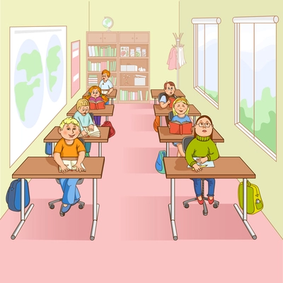 Children at their desks in classroom at school with copybooks and tutorials cartoon color paint vector illustration