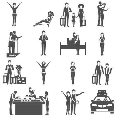 Travelling families and friends black icons set arriving with luggage in hotel tourists abstract isolated vector illustration