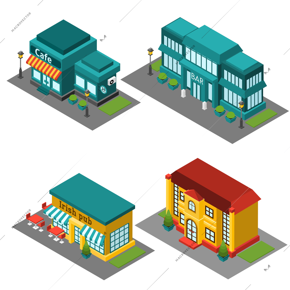 Cafe building isometric decorative 3d icons set isolated vector illustration