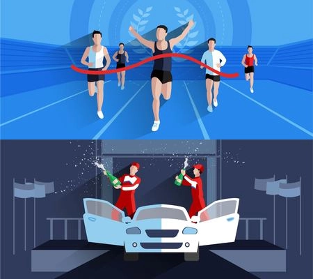 Winner horizontal banners composition with sports competitions flat isolated vector illustration