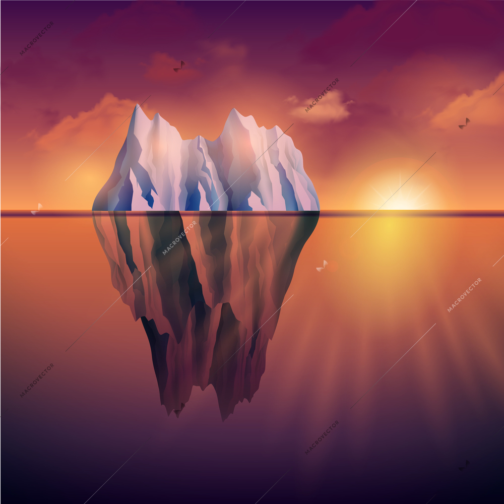 Northern sea landscape with iceberg and sunset on background vector illustration