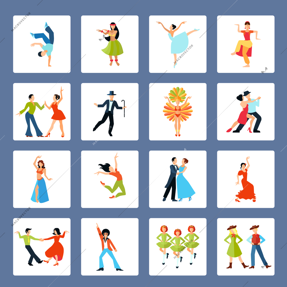 Various styles solo and pairs dancing with social ethnic and latin dances isolated vector illustration