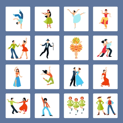 Various styles solo and pairs dancing with social ethnic and latin dances isolated vector illustration