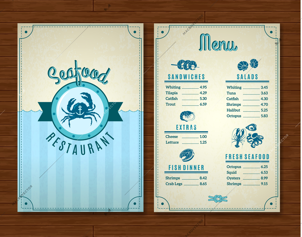 Seafood restaurant menu template with ocean design symbols vector illustration