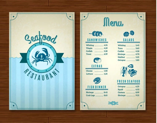 Seafood restaurant menu template with ocean design symbols vector illustration