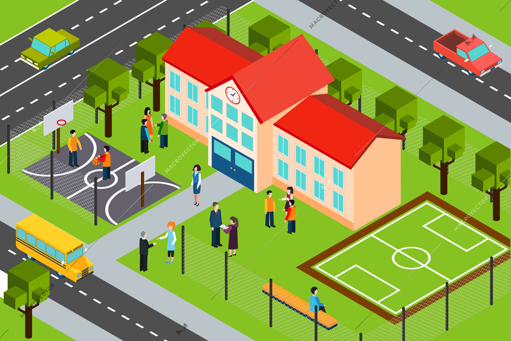 High school educational facility  building with outdoor sport complex and school bus isometric banner abstract vector illustration