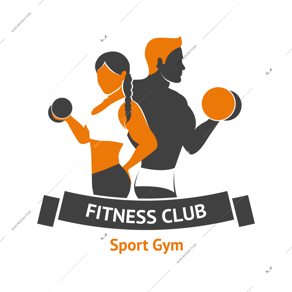 Fitness club logo template with male and female silhouettes with dumbbells vector illustration