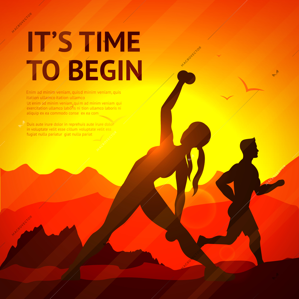 People doing jogging and weight lifting sport workout on sunset background vector illustration