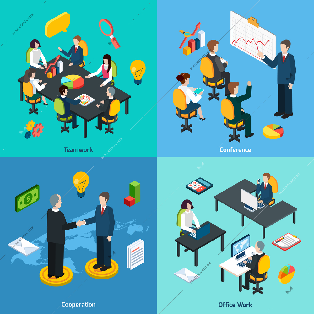 Business teamwork innovative ideas sharing conference and collaboration concept 4 isometric icons composition abstract isolated vector illustration