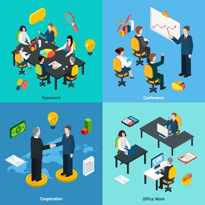 Business teamwork innovative ideas sharing conference and collaboration concept 4 isometric icons composition abstract isolated vector illustration