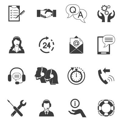 Flat style black and white icons set collection of fast support service and remote technical assistance isolated vector illustration