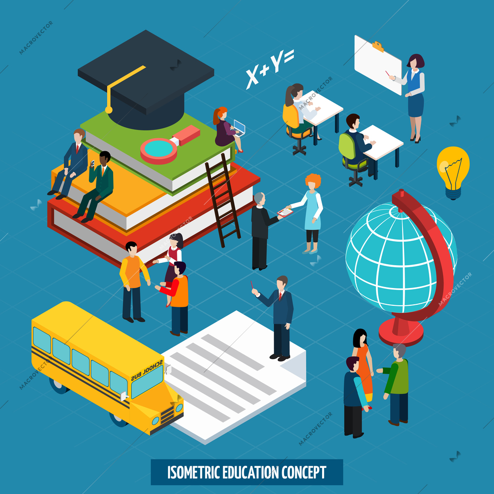 High school college education concept with teacher whiteboard presentation and graduation cap isometric banner abstract vector illustration