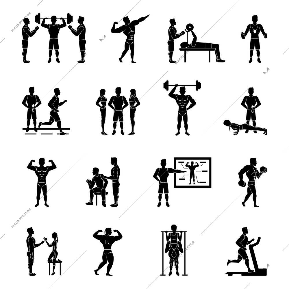 Sport trainer and gym coach white and black set isolated vector illustration