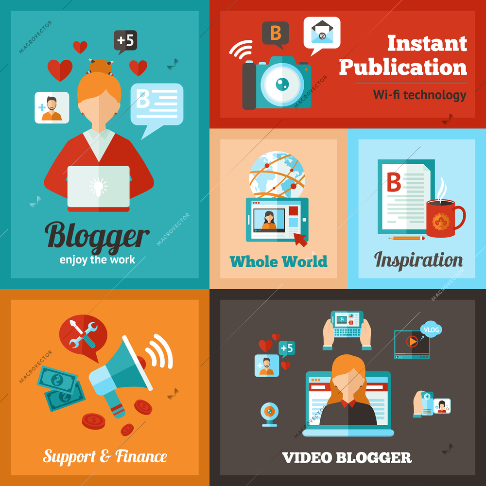 Blogger mini poster set with text and video services isolated vector illustration