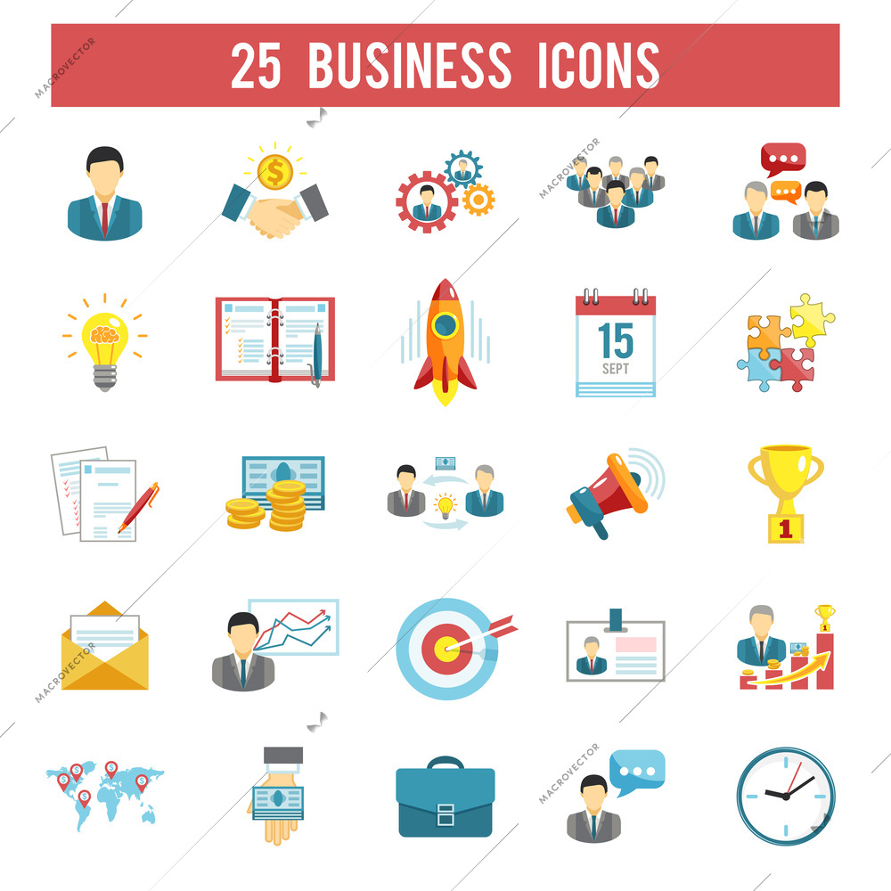 Successful startup business profitable principles for managers in 25 flat  pictograms symbols collection abstract isolated vector illustration