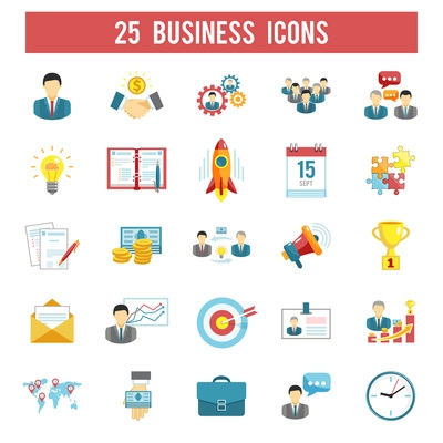 Successful startup business profitable principles for managers in 25 flat  pictograms symbols collection abstract isolated vector illustration