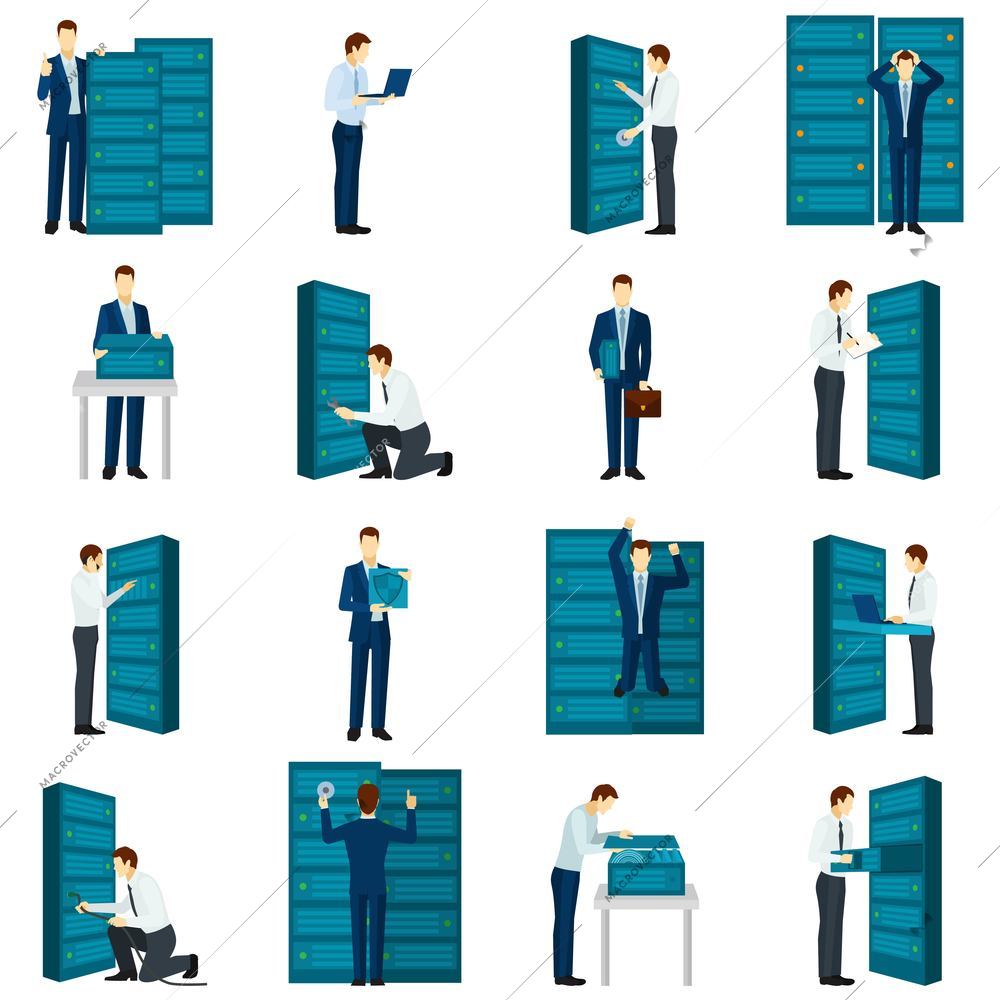 Flat datacenter icons set with servers and engineers figures isolated vector illustration