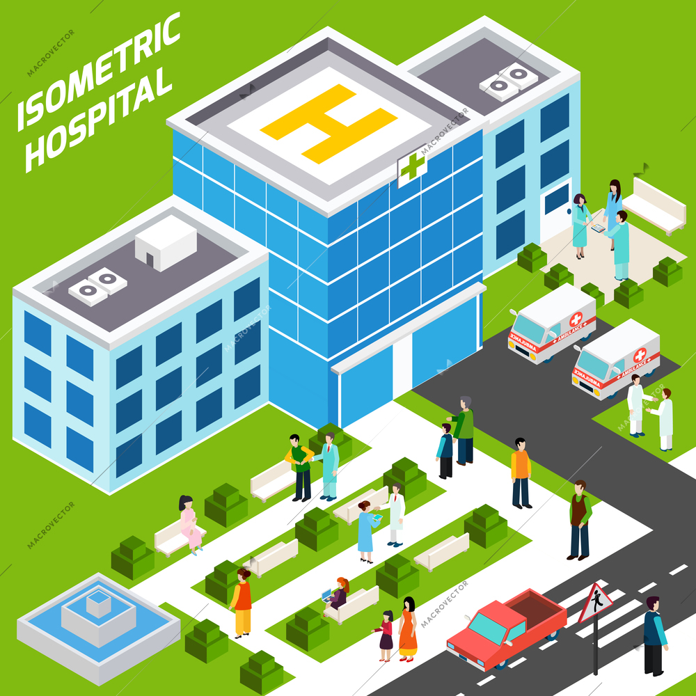 Hospital building isometric with 3d medical staff and landscape objects vector illustration