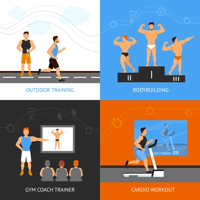 Trainer design concept set with bodybuilding and cardio workout flat icons isolated vector illustration