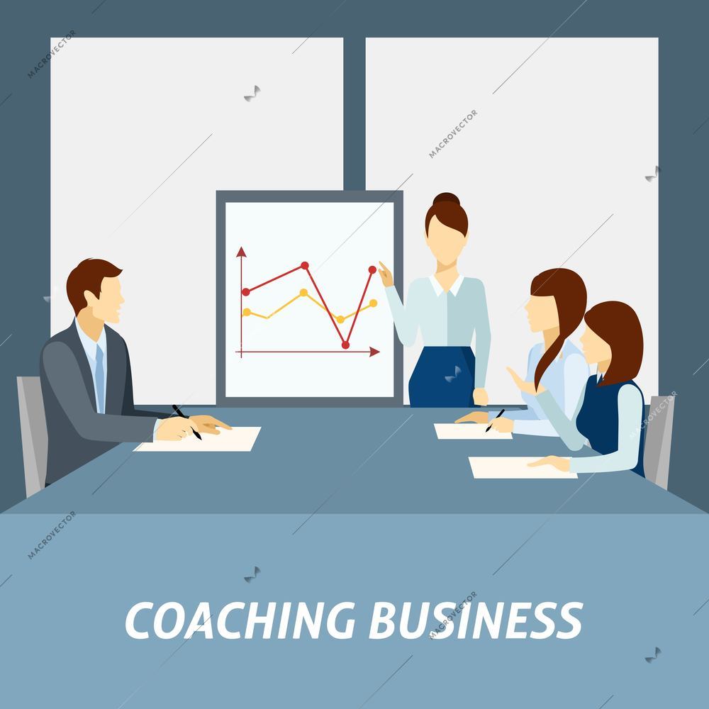 Effective business coaching strategies to apply in workplace for success presentation poster flat abstract vector illustration