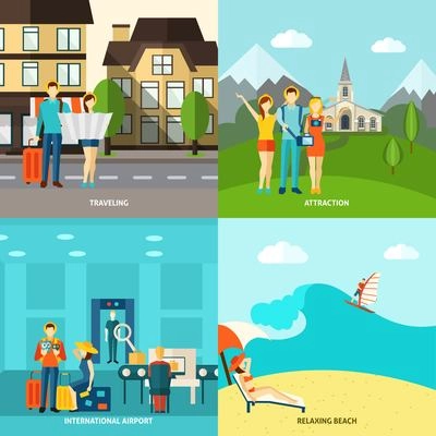 Travelling sightseeing attraction and relaxing on the beach 4 flat icons square composition abstract isolated vector illustration