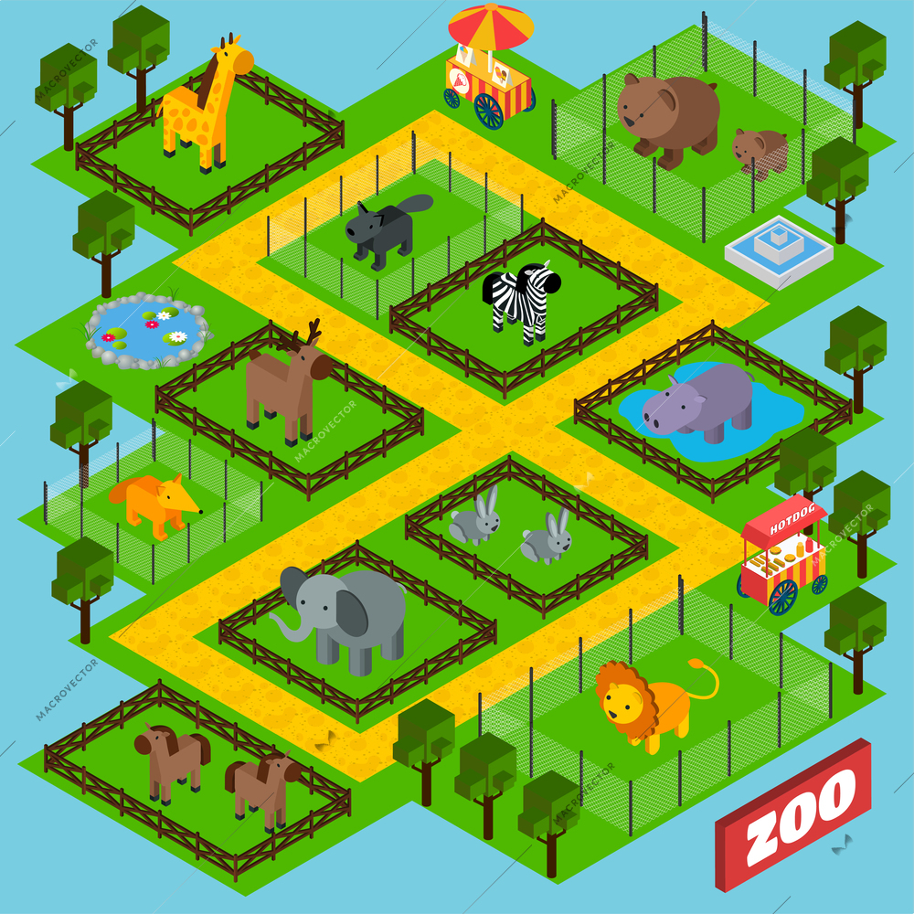 Isometric zoo park concept with 3d animals in cages vector illustration