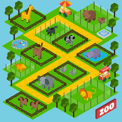 Isometric zoo park concept with 3d animals in cages vector illustration