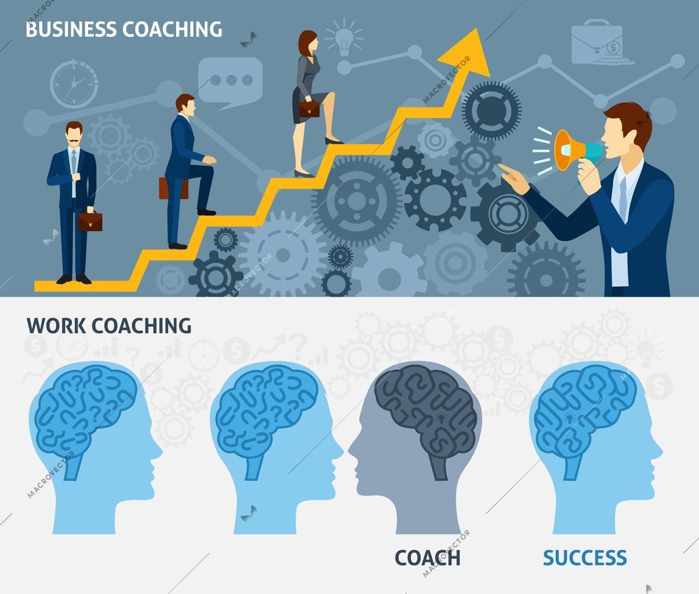 Business coaching as a way to quick success two horizontal flat banners set poster abstract vector illustration