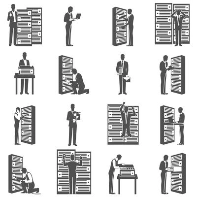 Datacenter icons set with computer servers and technician silhouettes isolated vector illustration