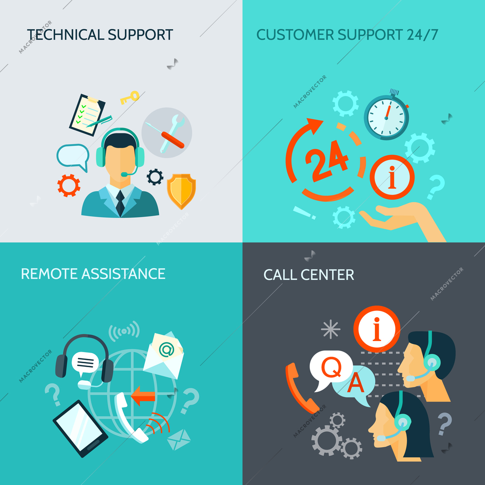 Remote assistance technical support and call center flat style banners isolated vector illustration