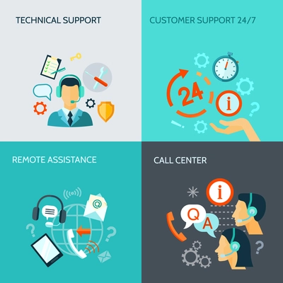 Remote assistance technical support and call center flat style banners isolated vector illustration