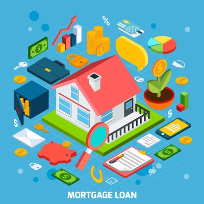 Mortgage loan concept with isometric house and banking icons set vector illustration