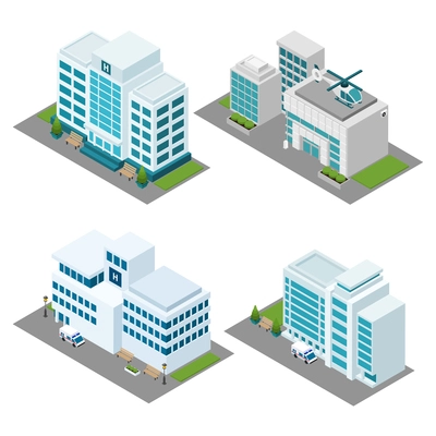 Hospital building isometric icons set with ambulance helicopter and lawn isolated vector illustration