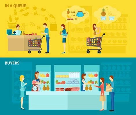 Buyer horizontal banner set with people standing in queue flat elements isolated vector illustration