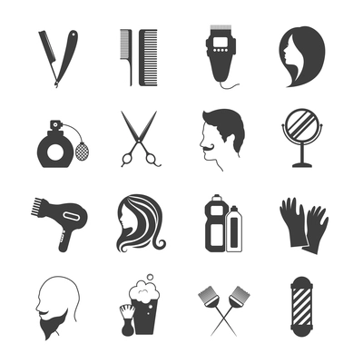 Hairdresser and beauty salon black and white icons set isolated vector illustration