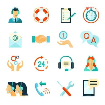 Flat style color icons collection of fast customer support and technical assistance isolated vector illustration