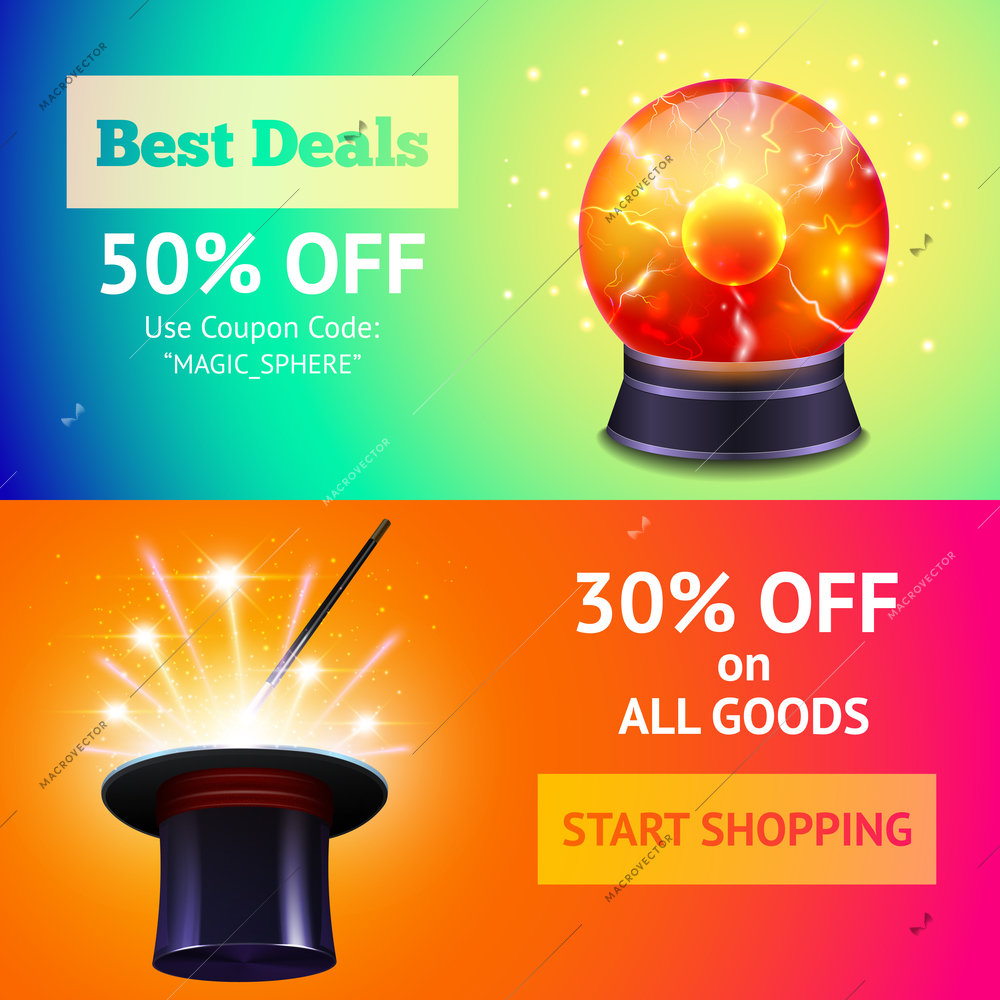 Shopping sale horizontal banner set with magic equipment isolated vector illustration