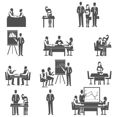 Effective business internal coaching forms and tactics in pictograms black icons set abstract isolated vector illustration