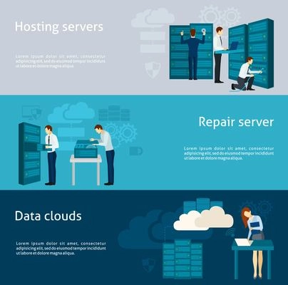 Datacenter horizontal banner set with hosting servers and data clouds elements isolated vector illustration