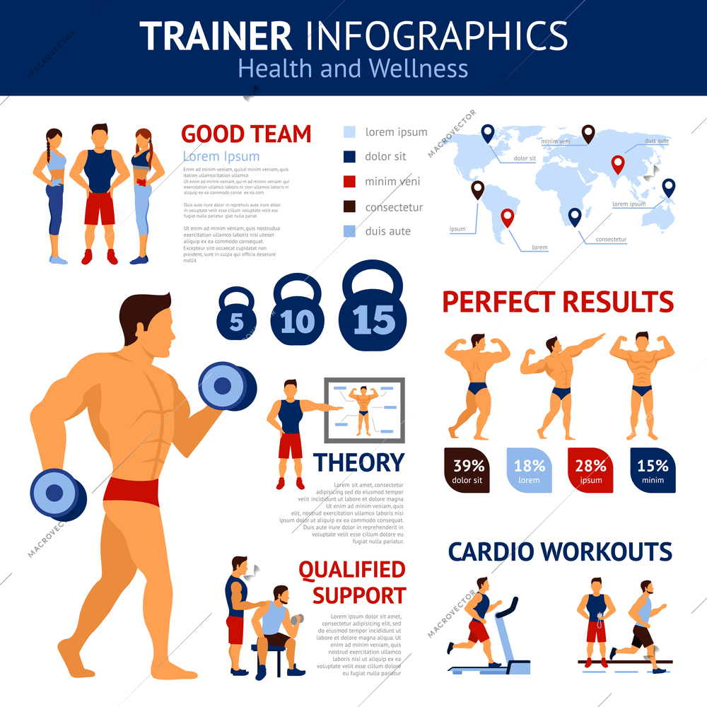 Trainer infographics set with sport workout symbols and world map vector illustration