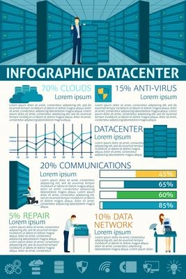 Datacenter infographics set with data servers symbols and charts vector illustration