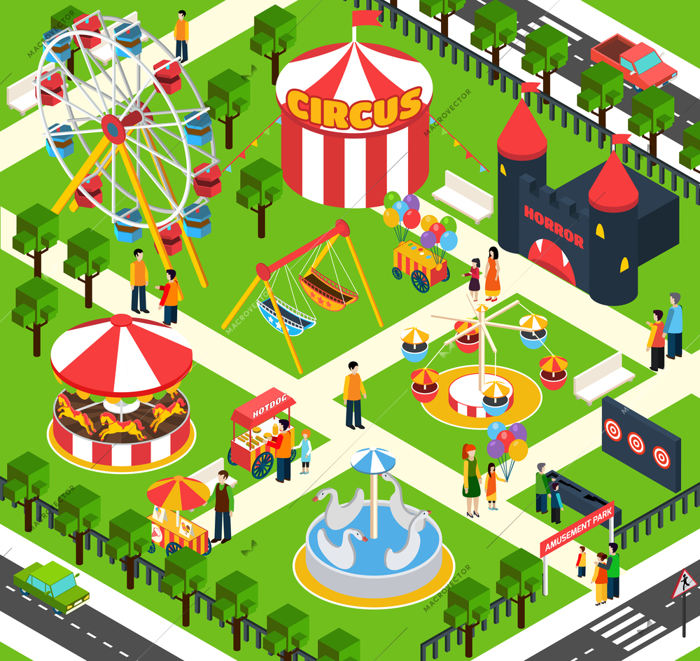 Amusement park isometric with 3d people figures and oudoors objects vector illustration