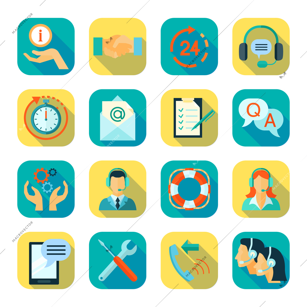 Flat style color icons set of remote technical assistance customer support and 24 hour monitoring isolated vector illustration